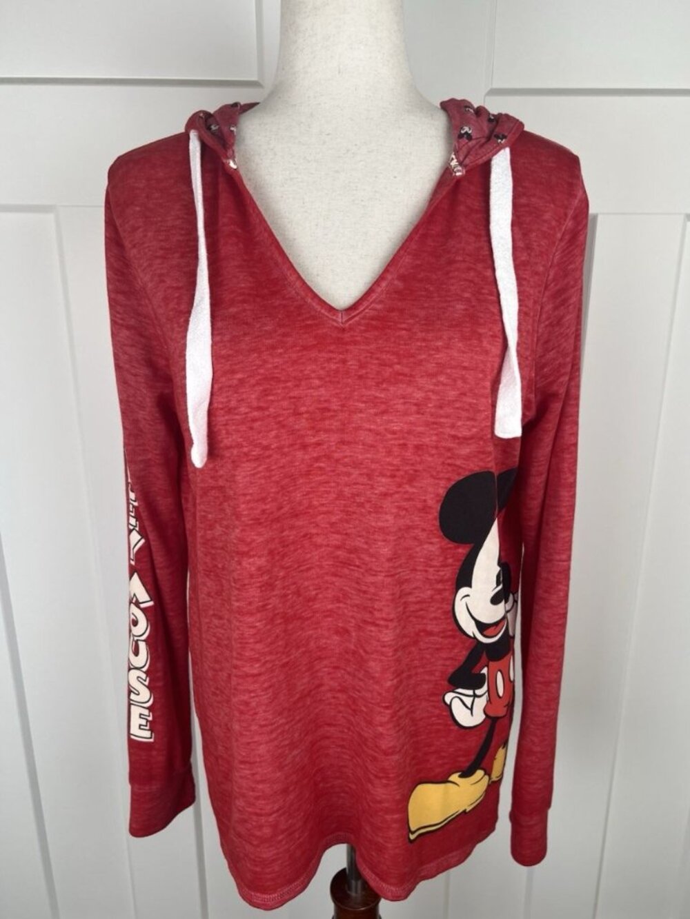 Disney Parks Mickey Mouse Hooded T Shirt Womens M Red Long Sleeve Thumbholes